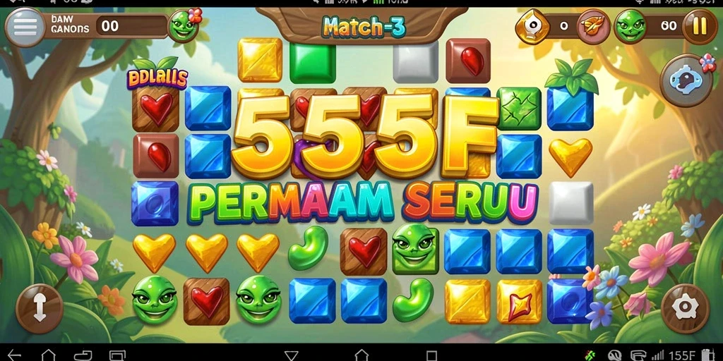 Tampilan gameplay Match-3 yang menarik dan penuh warna.