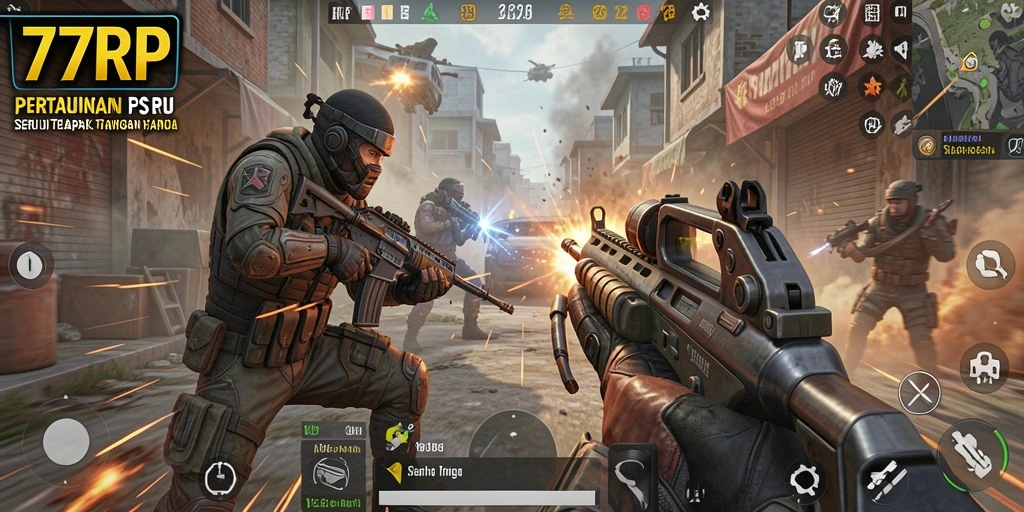 Tampilan gameplay mendebarkan dari 77RP dengan aksi cepat FPS.
