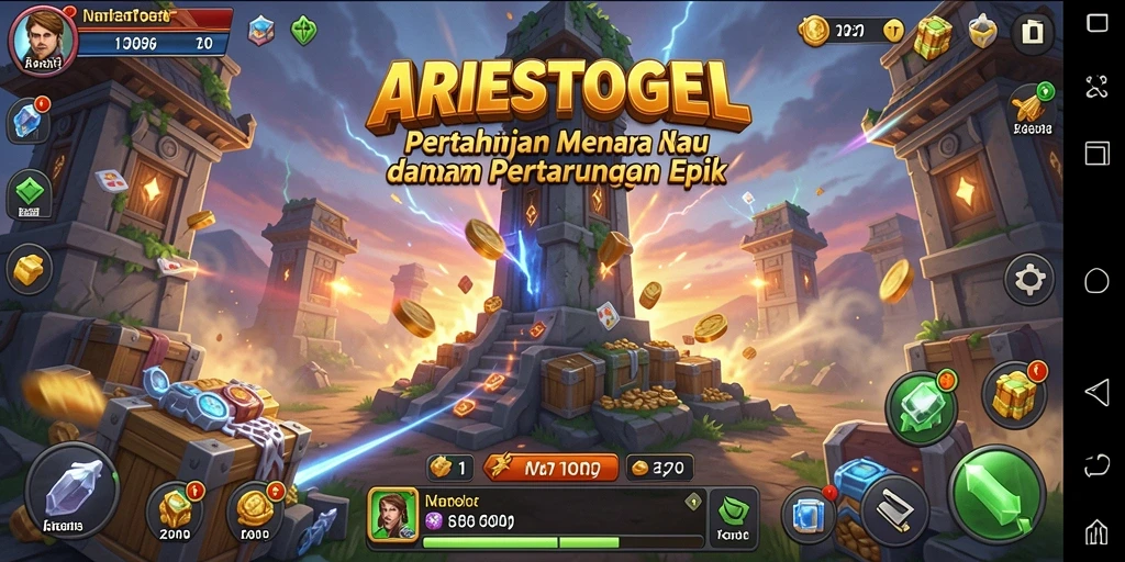 Tangkapan layar gameplay ARIESTOGEL yang menunjukkan pertahanan menara strategis in action.
