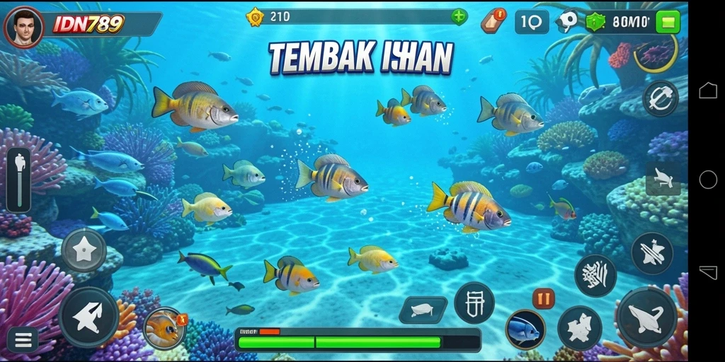 Tampilan gameplay seru dalam IDN789 dengan menembak ikan.