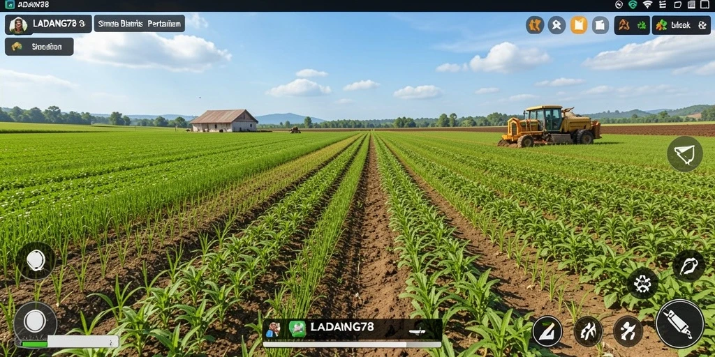 Tangkapan layar utama LADANG78 menampilkan suasana ladang yang cerah dan aktivitas bertani.