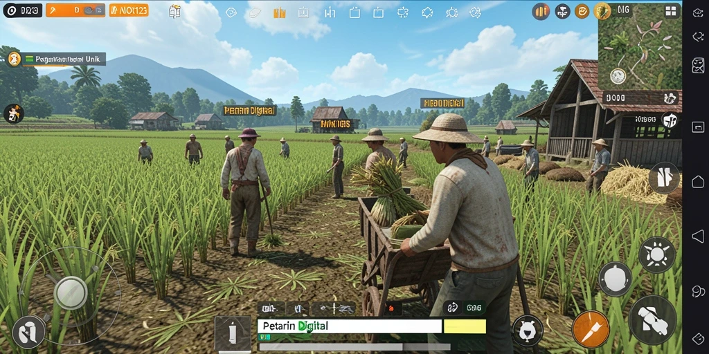 Tangkapan layar gameplay NOX123 menampilkan aktivitas bertani yang seru.
