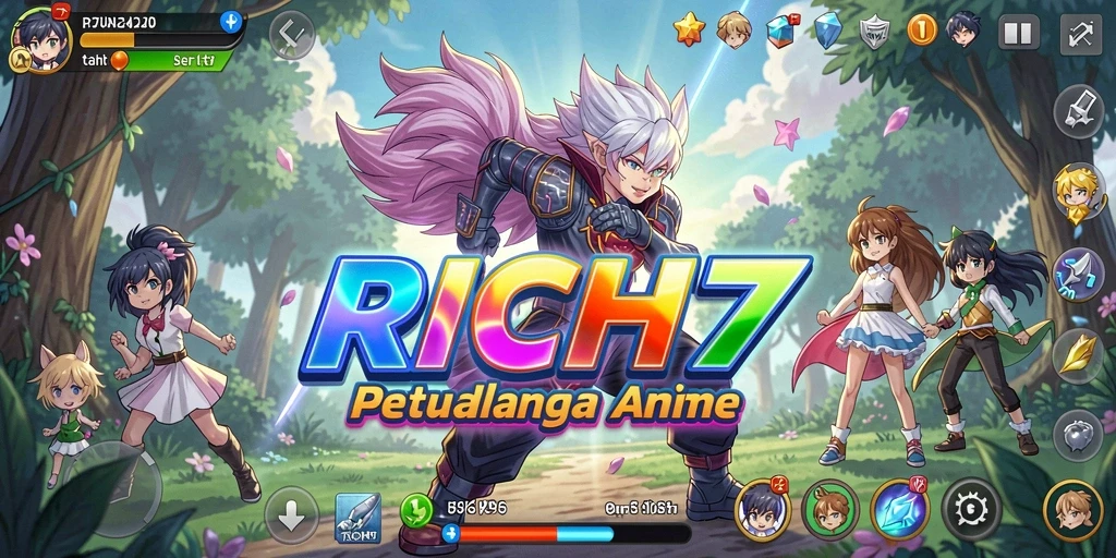 Tampilan utama RICH7 yang menampilkan aksi seru karakter Anime.