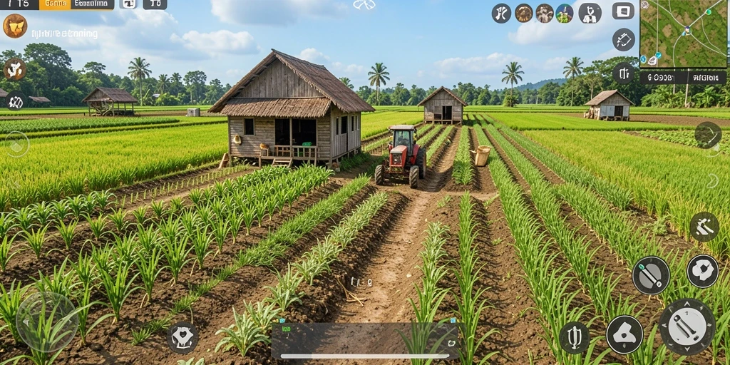Screenshot T6 menunjukkan petani sedang merawat tanaman di kebun yang subur.
