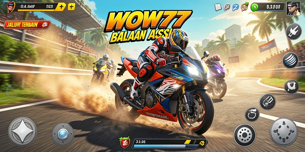 Gameplay WOW77 yang mendebarkan dengan motor balap di lintasan.